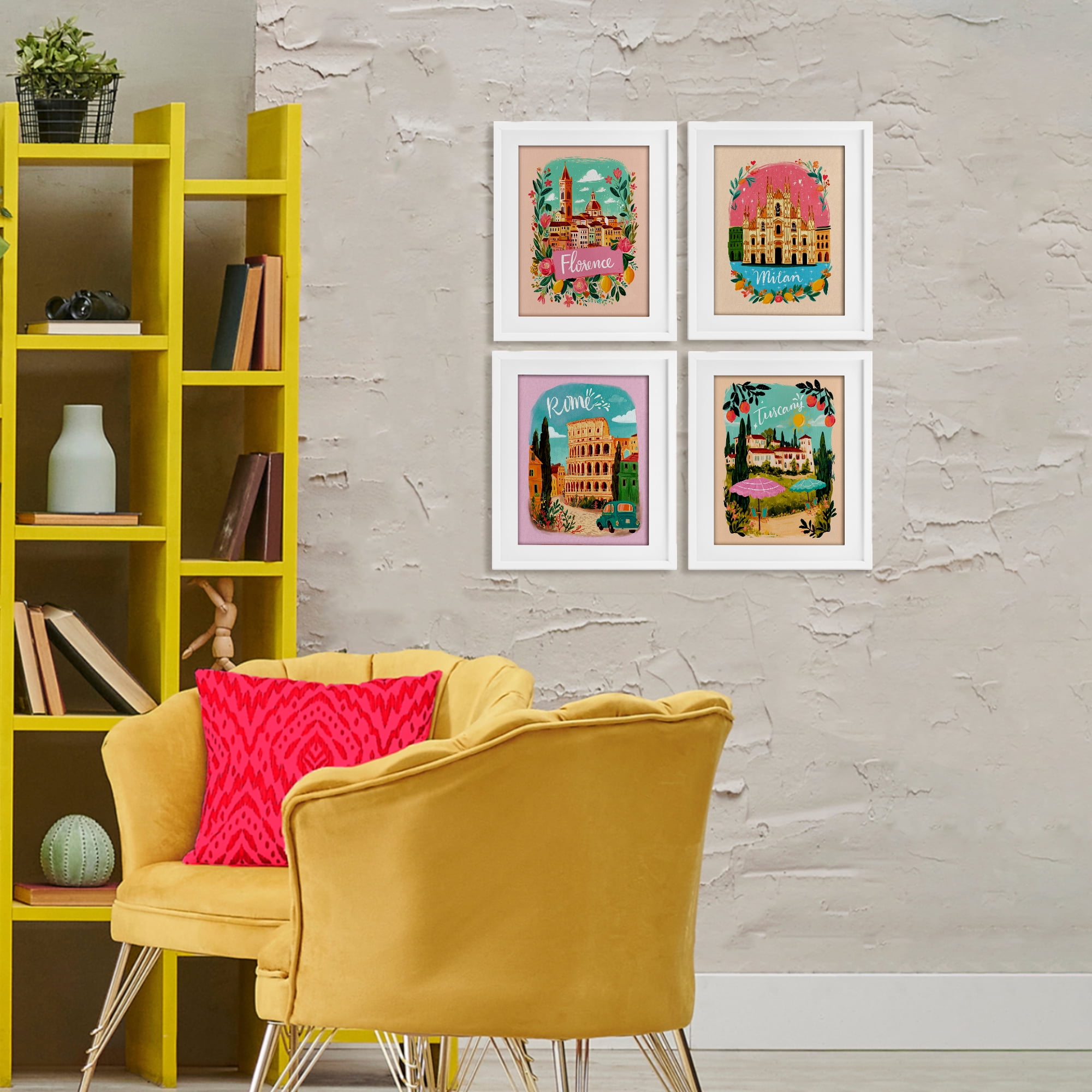 Italy Travel Locations with Florals 4 Piece White Framed Print Under Glass Set, design by Yen