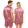 thumbnail image 4 of （Mens） Lightweight Summer Couple Satin Silk Button Down Short Sleeve Top Casual Shorts Matching His Hers Outfit Purple Pink L, 4 of 7