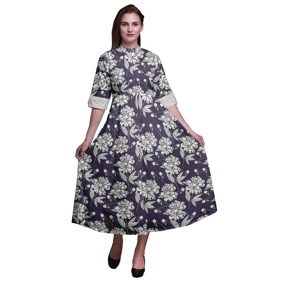 Bimba Floral Printed Roll Up Sleeves Button Down Mid-Calf Women Shirt Dress-XXX-Large