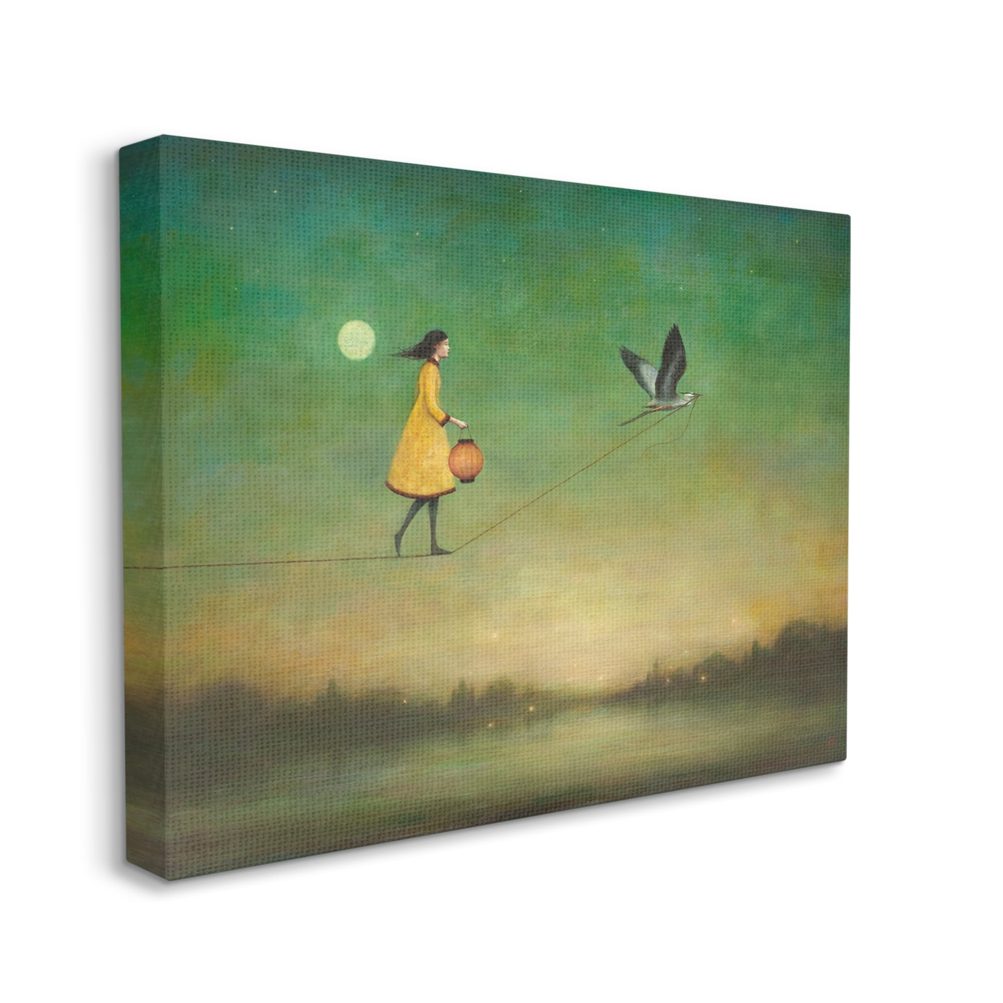 Girl Following Bird Yellow Dress Vivid Green Landscape Animals & Insects Painting Gallery-Wrapped Canvas Print Wall Art
