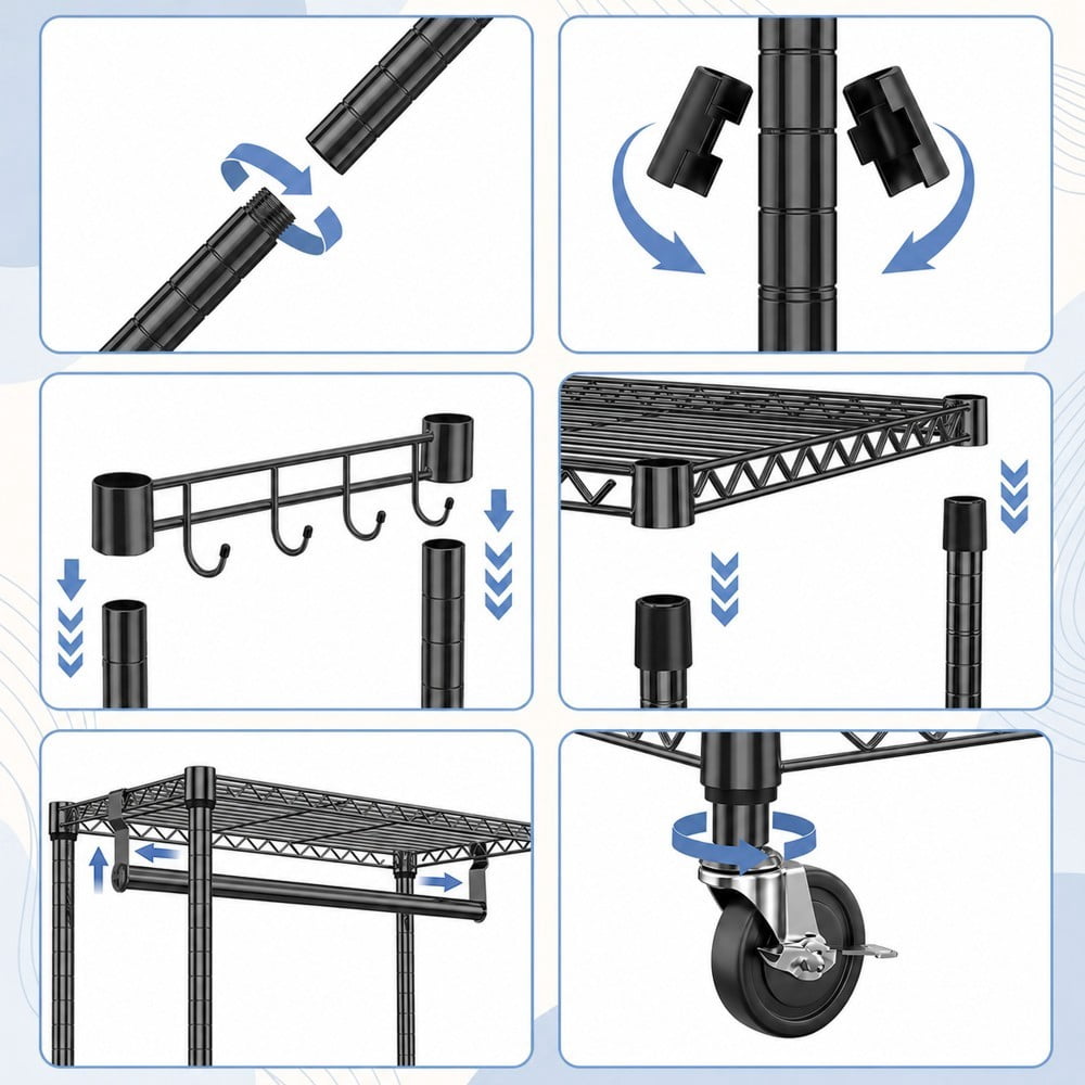 Heavy Duty Rolling Garment Rack, 3-Tier Adjustable Wire Shelving Clothes Rack with Hanging Rod, Side Hooks & Lockable Wheels, Black