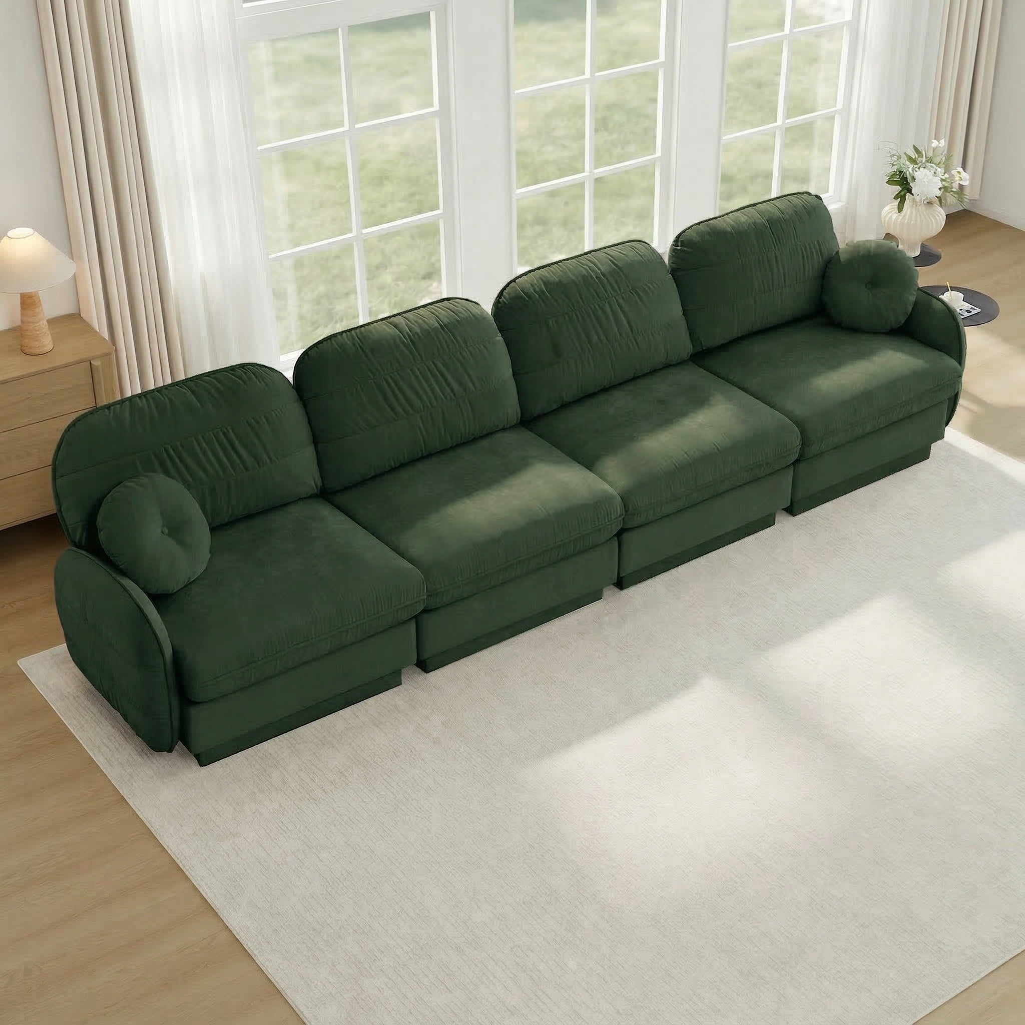 Mintazer 137" Chenille Cloud 4-Seater Modular Sectional Sofa with 2 Round Pillows, Easy Assembly Ergonomic Comfy Sofa Couch for Living Room, Apartment, Green