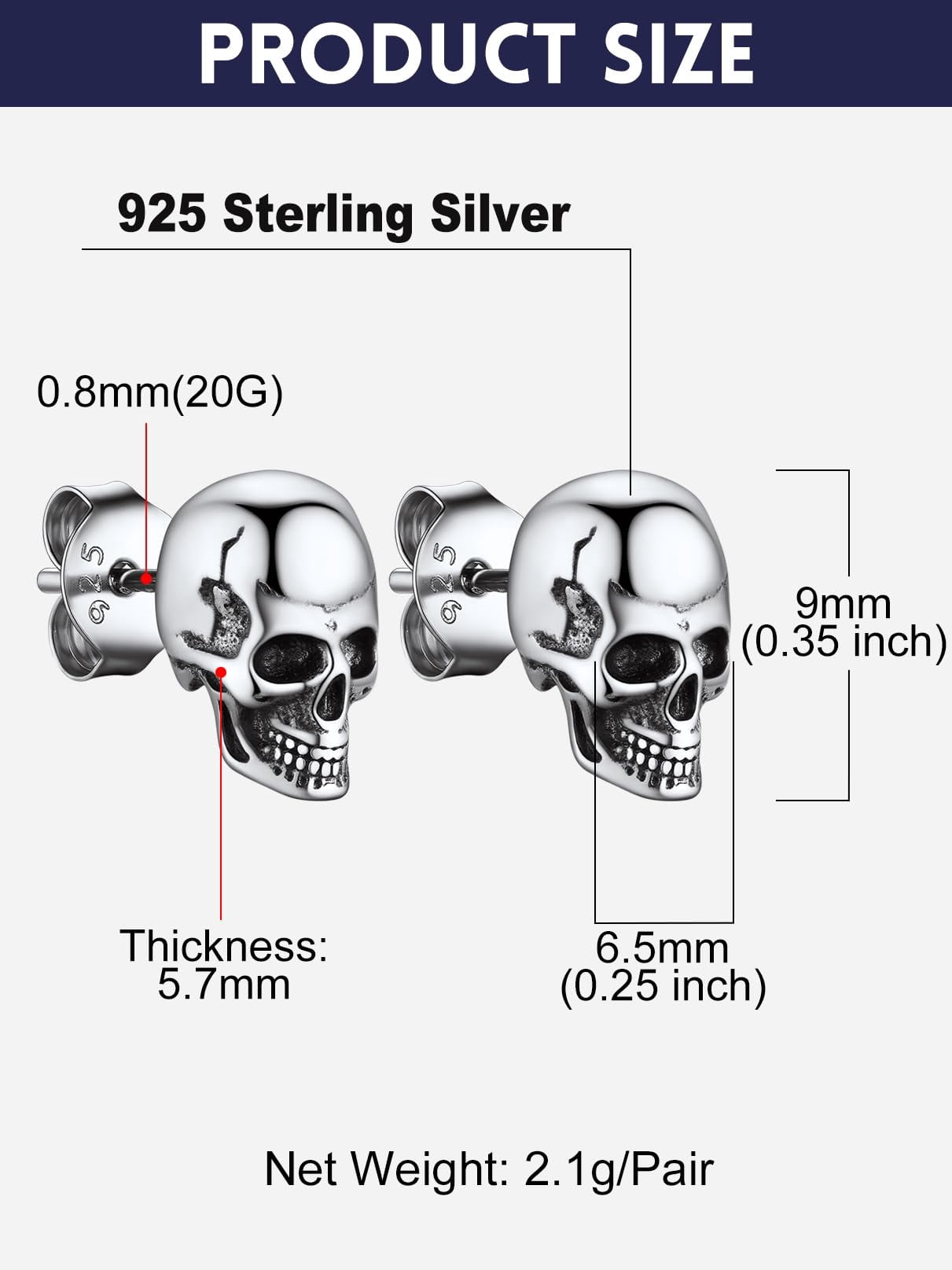 Bandmax Skull Stud Earrings for Women Men 925 Sterling Silver Stud Earrings Gothic Skull Punk Skeleton Ear Studs for Halloween Gift