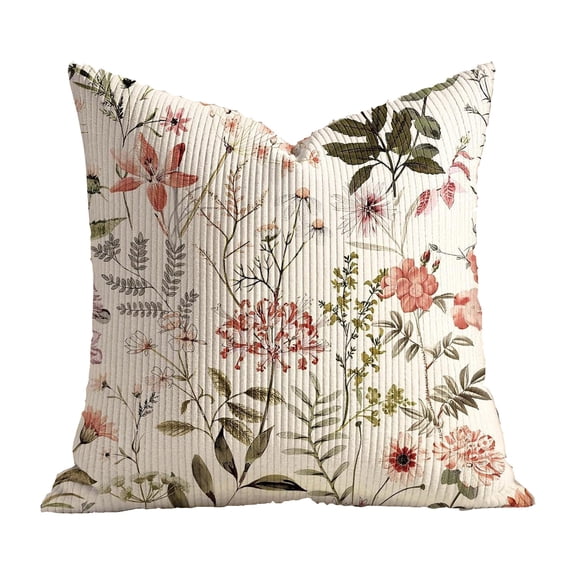 Miwamany 18 inch Corduroy Vintage Watercolor Floral Throw Pillow with Insert, Botanical Decorative Cushion for Sofa Couch Bed, Complete Set Home Decor