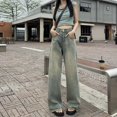 thumbnail image 2 of Mujer Otoño Invierno simplicidad suelta Color sólido cintura alta apariencia delgada pierna ancha ropa de mujer moda todo-fósforo pantalones vaqueros, 2 of 4