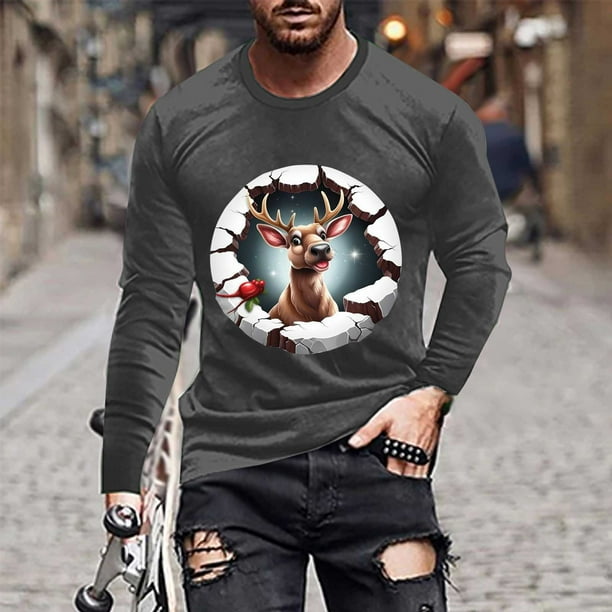 Blusas y camisas de manga larga y cuello redondo para hombre, informales, con estampado navideño, deportivas, de poliéster.