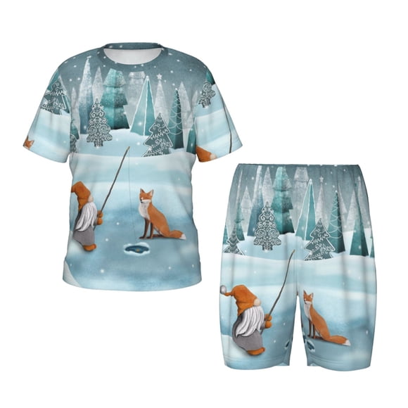 Balery Gnome And Red Fox Fishing Conjunto de Pijama Infantil de Manga Corta con Estampado – Ropa de Dormir de Algodón Suave-Large