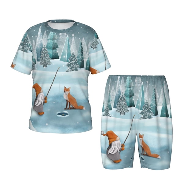 Balery Gnome And Red Fox Fishing Conjunto de Pijama Infantil de Manga Corta con Estampado – Ropa de Dormir de Algodón Suave-Large