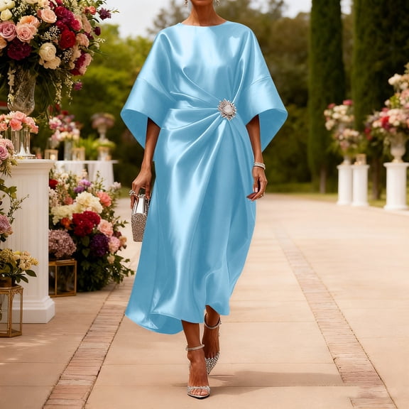 Karymi Easter Dresses for Women 2026 Satin Formal Midi Dress, Boat Neck Batwing Sleeve Cocktail Dress with Rhinestone Brooch Waist Detail, Asymmetrical Hem Spring Dresses