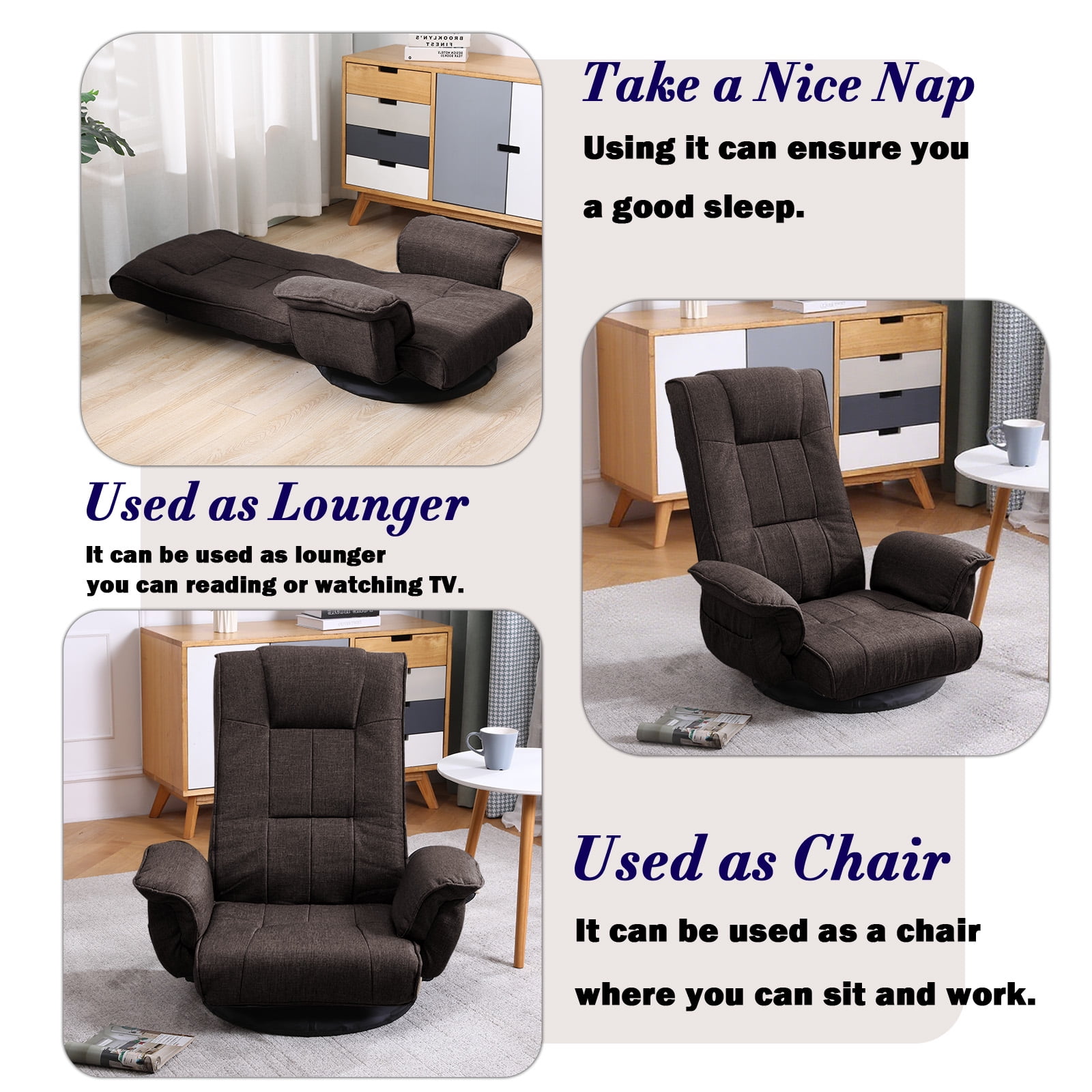360 Degree Swivel Floor Chairs for Adults, Gaming Floor Chair with Back Support, 14 Angles Adjustable Comfortable Floor Lounge Chair Folding Video Game Chairs Office Bedroom