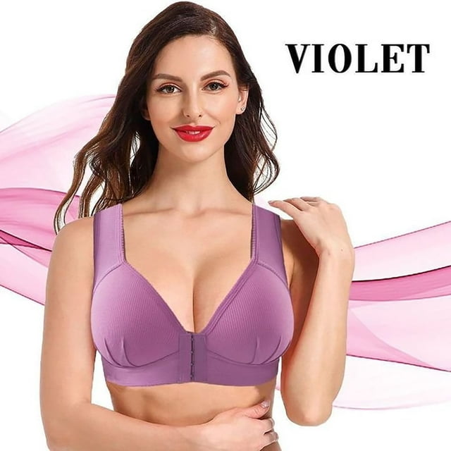 CHUANK Front-Closure Wireless Leisure Bra - Comfortable Plus Size Bras For Women Purple L
