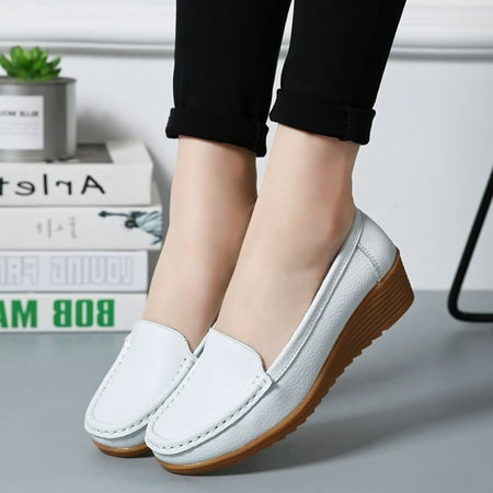 Vedolay Flats Casual Shoes Women s Thick Sole Casual Loafers Comfort Round Toe Platform Slip On Walking Shoes White 8.5