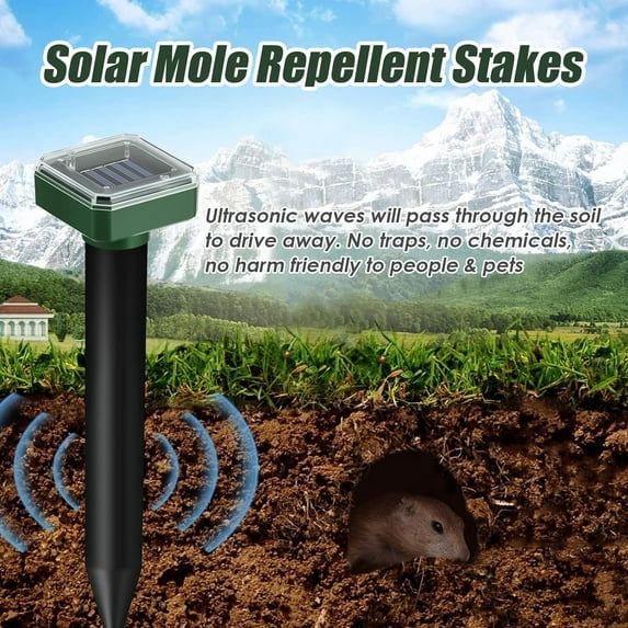 KingFurt 4-Pack Solar Ultrasonic Mole Repeller Outdoor Waterproof Sonic Spike Square
