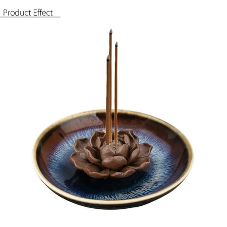 Indian Elephant Incense Holder - 3-Stick Hole Buddhist Buddha Ceramic Handmade Lotus Flower Plate Incense Censer Holder Burner