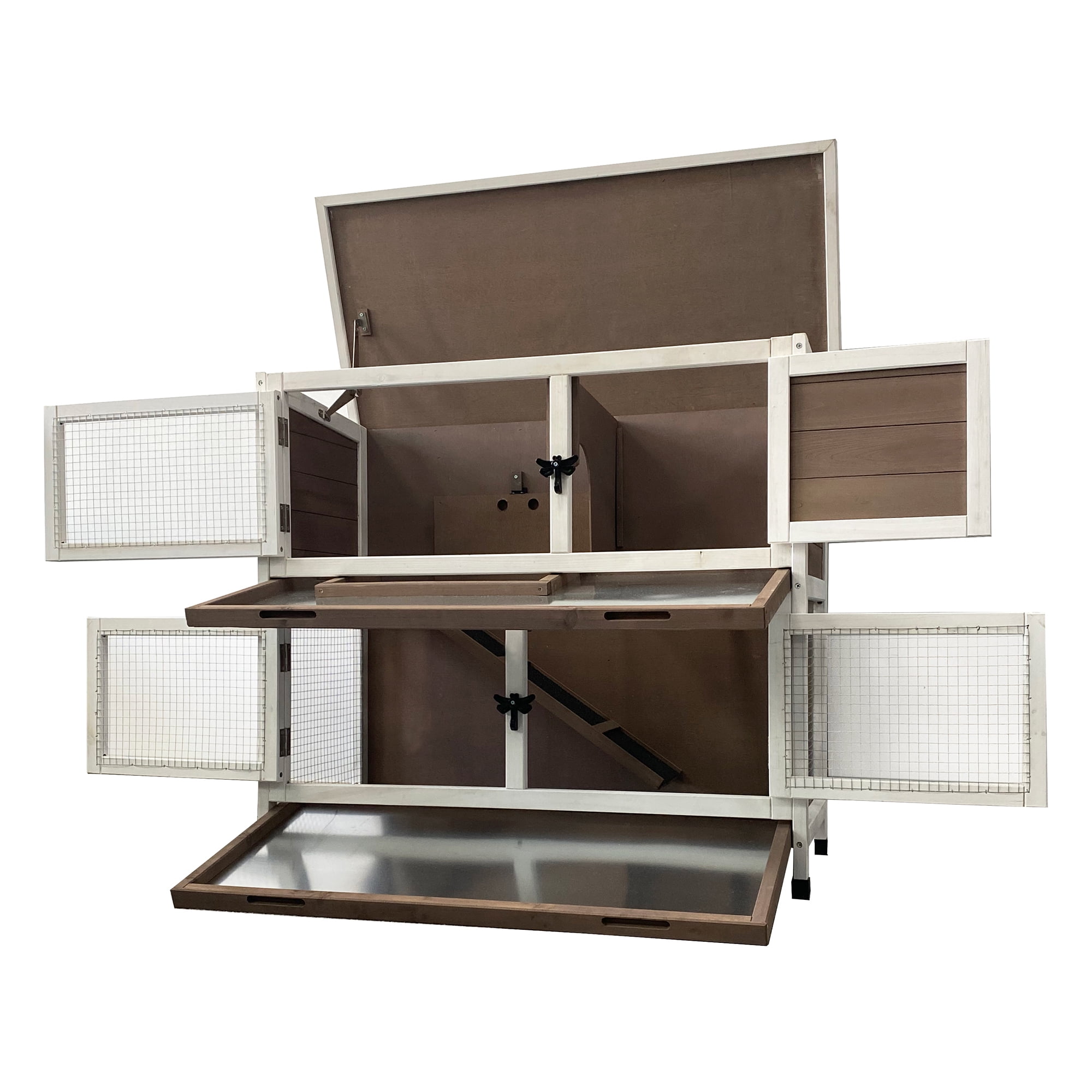 Pefilos 36" Solid Wooden Rabbit Hutches with Easy Clear Tray Wheels 2-Layer Rabbit Cages for Outdoor Hen House Open-able Roof, Brown Pefilos 36" Solid Wooden Rabbit Hutches with Easy Clear Tray Wheels 2-Layer Rabbit Cages for Outdoor Hen House Open-able Roof, Brown