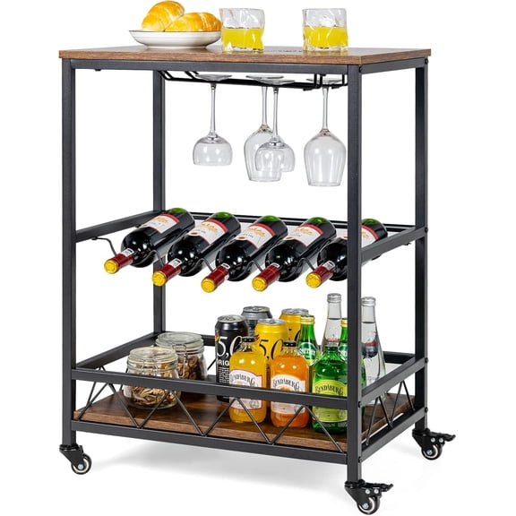 Mobile Bar Serving Space-Saving Rack Cart, Kitchen Island Space-Saving Rack Cart on Lockable Castors, Industrial Home Space-Saving Space-Saving Rack Cart featuring Wine Bottles Rack Glasses Holder