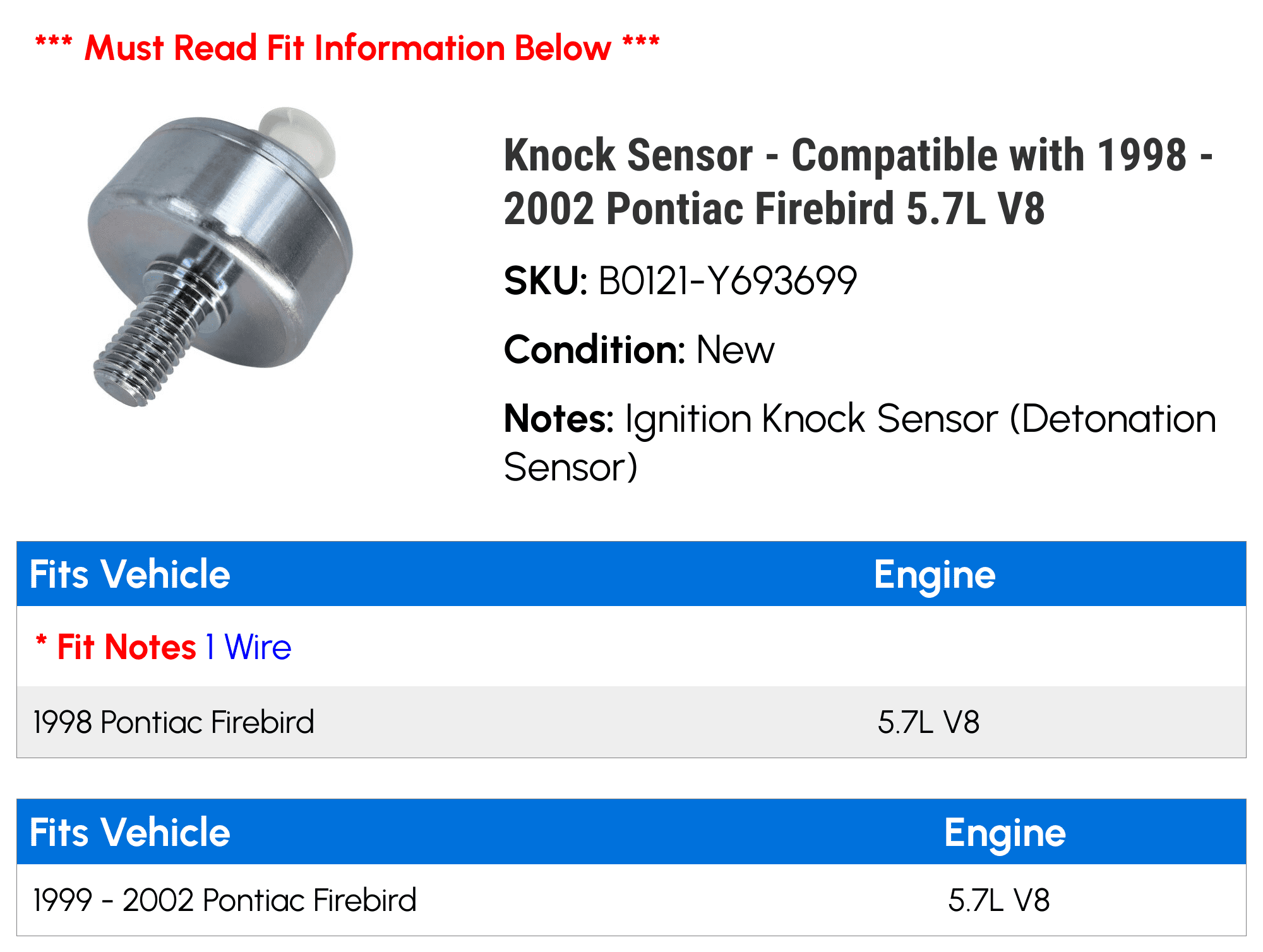 Knock Sensor - Compatible with 1998 - 2002 Pontiac Firebird 5.7L V8 1999 2000 2001