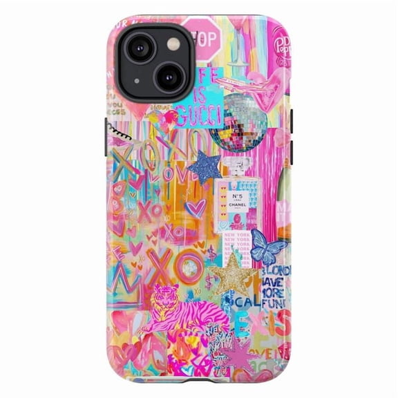 Y2K Graffiti Collage Phone Case, Neon Pop Art Street Style Protective Cover with Disco Ball, Stars, and Pink Tiger Design for iPhone 17 16 15 14 13 12 11 Plus Pro Max Mini