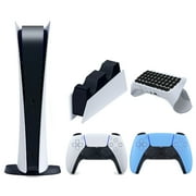 Sony Playstation 5 Digital Edition Console with Extra Blue Controller, DualSense Charging Station and Surge QuickType 2.0 Wireless PS5 Controller Keypad Bundle