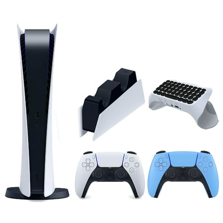 Sony Playstation 5 Digital Edition Console with Extra Blue Controller, DualSense Charging Station and Surge QuickType 2.0 Wireless PS5 Controller Keypad Bundle
