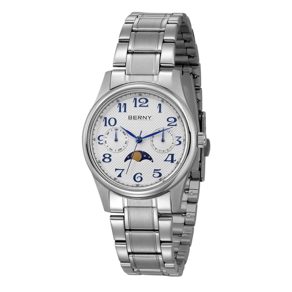 BERNY Silver Watch for Women, Fashion Moon Phase Watches with Arabic Numerals Dial, Date Day Calendar, 3ATM Waterproof, Luxury Analog Quartz Women Wristwatch, White