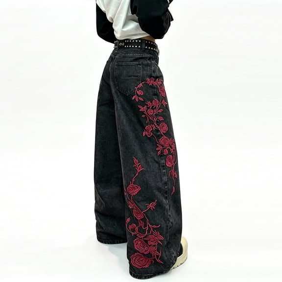 Mrmall Women's Vintage Rose Embroidered Wide Leg Jeans Loose Fit Baggy Denim Casual Trousers Doesn't include belt