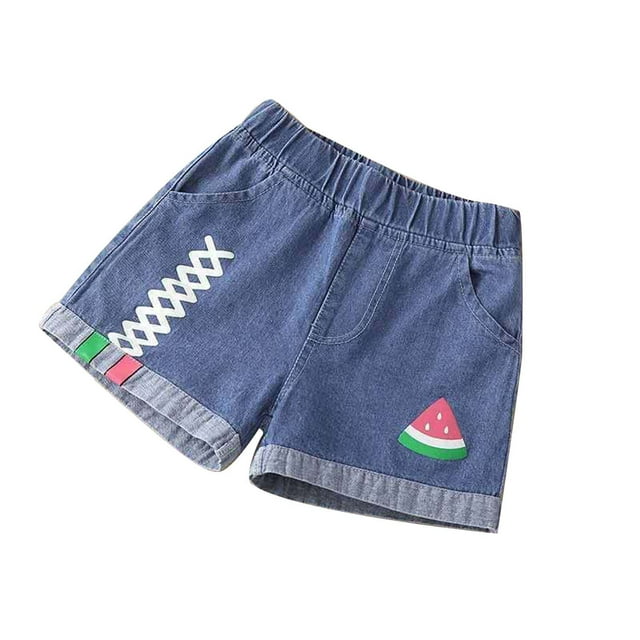 Odeerbi 2-12 Años Niñas Verano Denim Pantalones Cortos Sandía Impresión Pantalones Cortos Jeans Color Sólido Lindo Pantalones Cortos