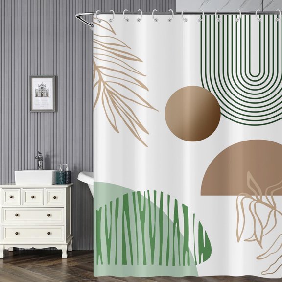 Boho Shower Curtain for Bathroom Green Abstract Arch Leaves Brown Geometric Bath Curtains Waterproof Fabric with Hooks for Home Decor, 72Wx72H