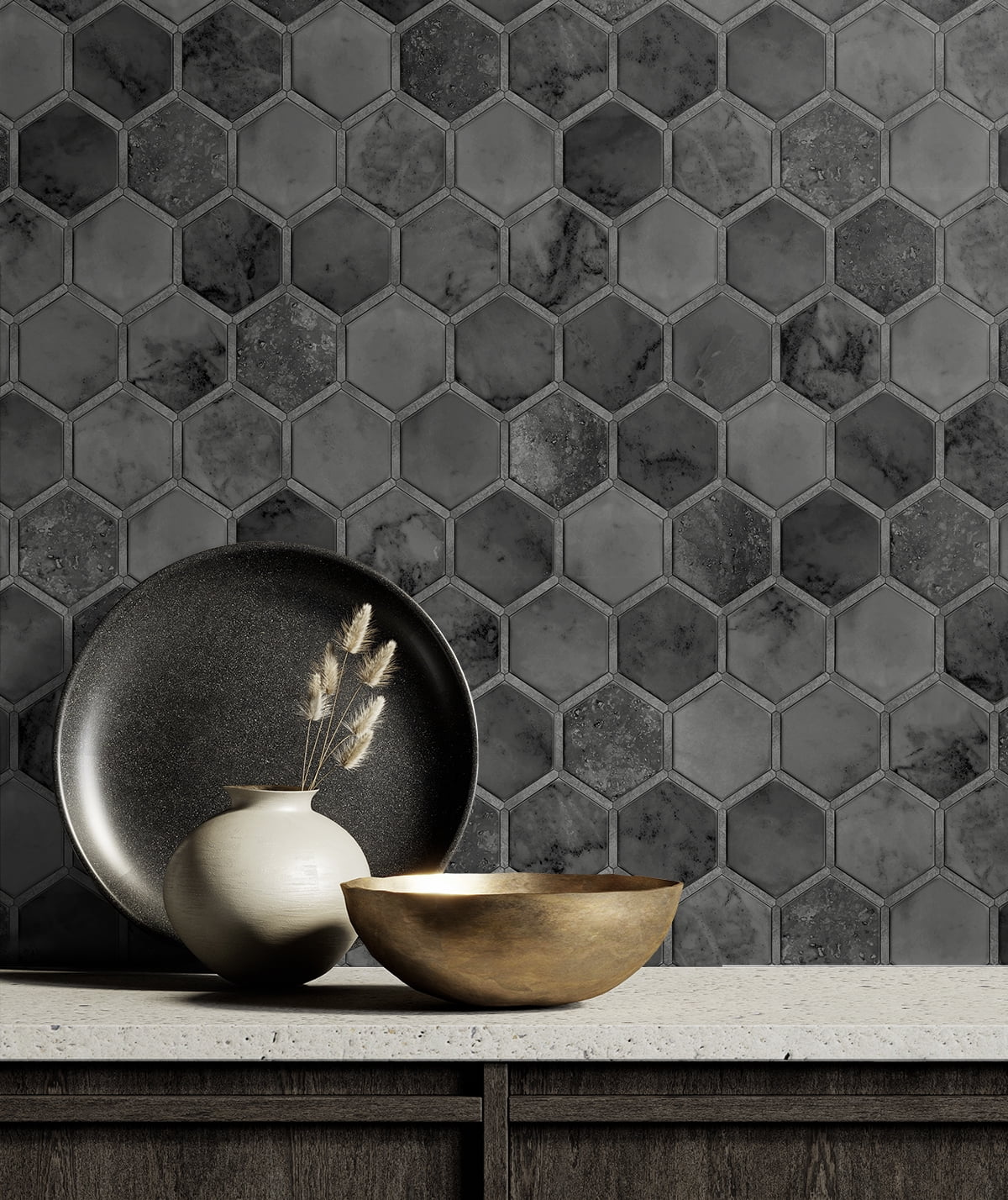 NextWall Cosmic Black & Metallic Silver Inlay Hexagon Peel and Stick Wallpaper