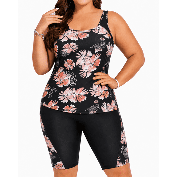 Plus Size Tankini Swimsuits for Women 2 Piece Rash Guard Bathing Suit with Capri Swim Pants Tummy Control Athletic Swimwear