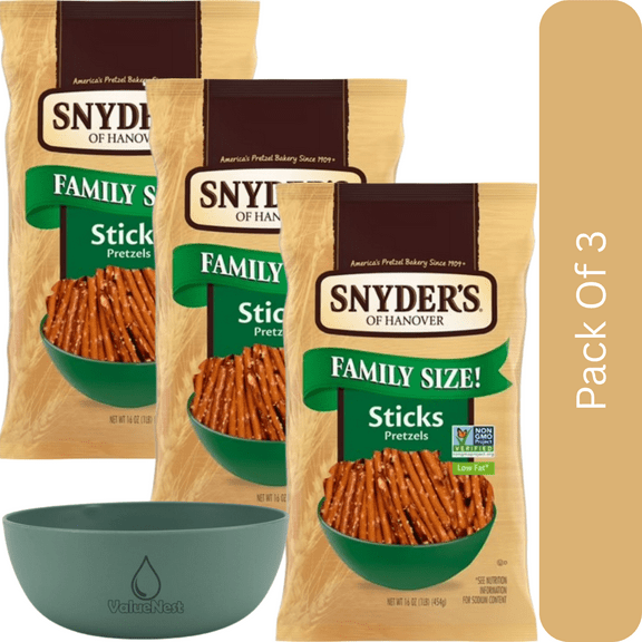 Snyder's of Hanover Sticks Pretzels, 16 oz-3pk, With Olive Green Bowl By ValueNest