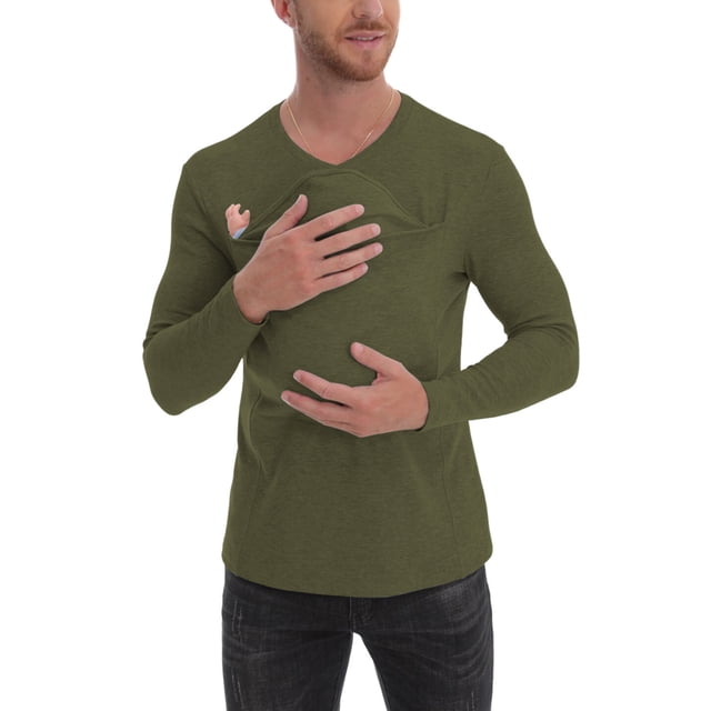 Ceisia Men's Slim V-Neck Chest Baby-Pocket Parent-Child Cotton Long-Sleeve Top Gift