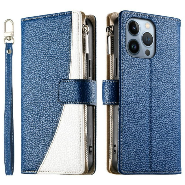 Funda cartera GANGXUN para iPhone 13 Pro , cuero PU con tarjetero, cremallera, correa de mano, soporte y protección 640°