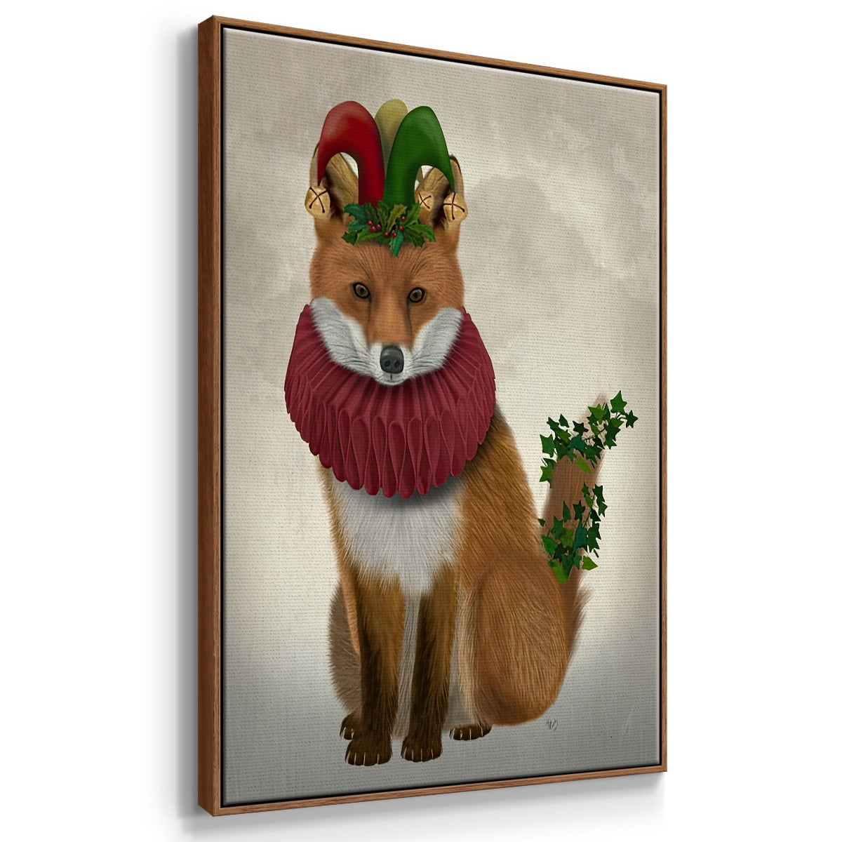 Christmas Holly and Ivy Fox - Framed Gallery Wrapped Holiday Canvas - 17 x 25 - Rosewood Frame