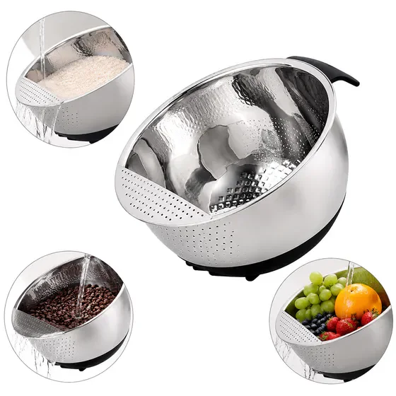 Generic Stainless Steel Rice Washing Bowl with Side Strainer, Multi-Purpose Colander for Beans, Fruits and Vegetables