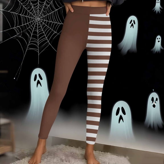 JOANKDMI Women Spooky Mischief Jester Costume Two-Tone Split Colorblock Striped Stretch Leggings for Performance Carnival Event Fun Bottoms Dress Up