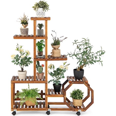Rolling Wooden Plant Stand  8-Tier Plant Shelf For 12 Pots  Lockable & Detachable Wheels  Plant Display Storage Rack Flowerpot Holder For Balcony Garden Patio Home (8 Tiers - 12 Pots)