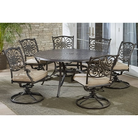 Hanover Traditions 7-Piece Rust-Free Aluminum Outdoor Patio Dining Set with Tan Cushions, 6 Swivel Rockers and Aluminum Round Dining Table, TRADDN7PCSWRD6
