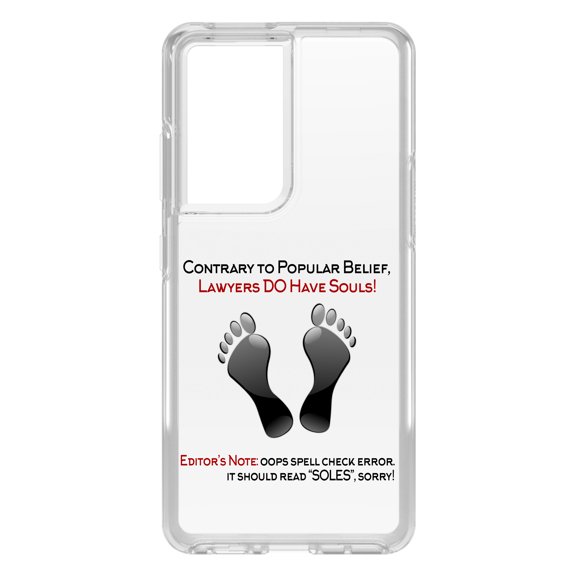 DistinctInk Clear Shockproof Hybrid Case for Galaxy S21 ULTRA 5G (6.8" Screen) - TPU Bumper Acrylic Back Tempered Glass Screen Protector - Lawyers DO Have Souls Oops Soles