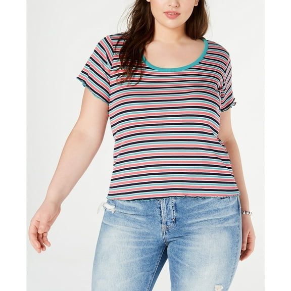 Planet Gold Juniors Trendy Plus Size Striped Lettuce-edge Top,Agate Green,1X