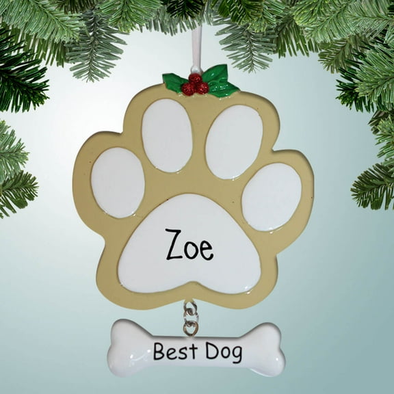 Dog Paw Print with Bone - Tan - Personalized Christmas Ornament - Perfect Stocking Stuffer - Great Gift Ideas