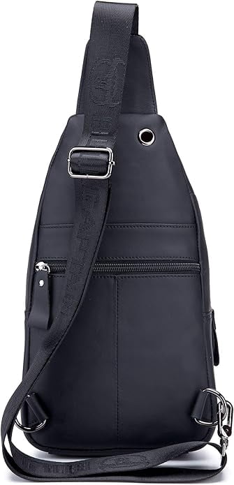 BULLCAPTAIN Genuine Leather Sling Bag for Men, Crossbody Chest Backpack with Adjustable Strap, Zipper Closure. , Black