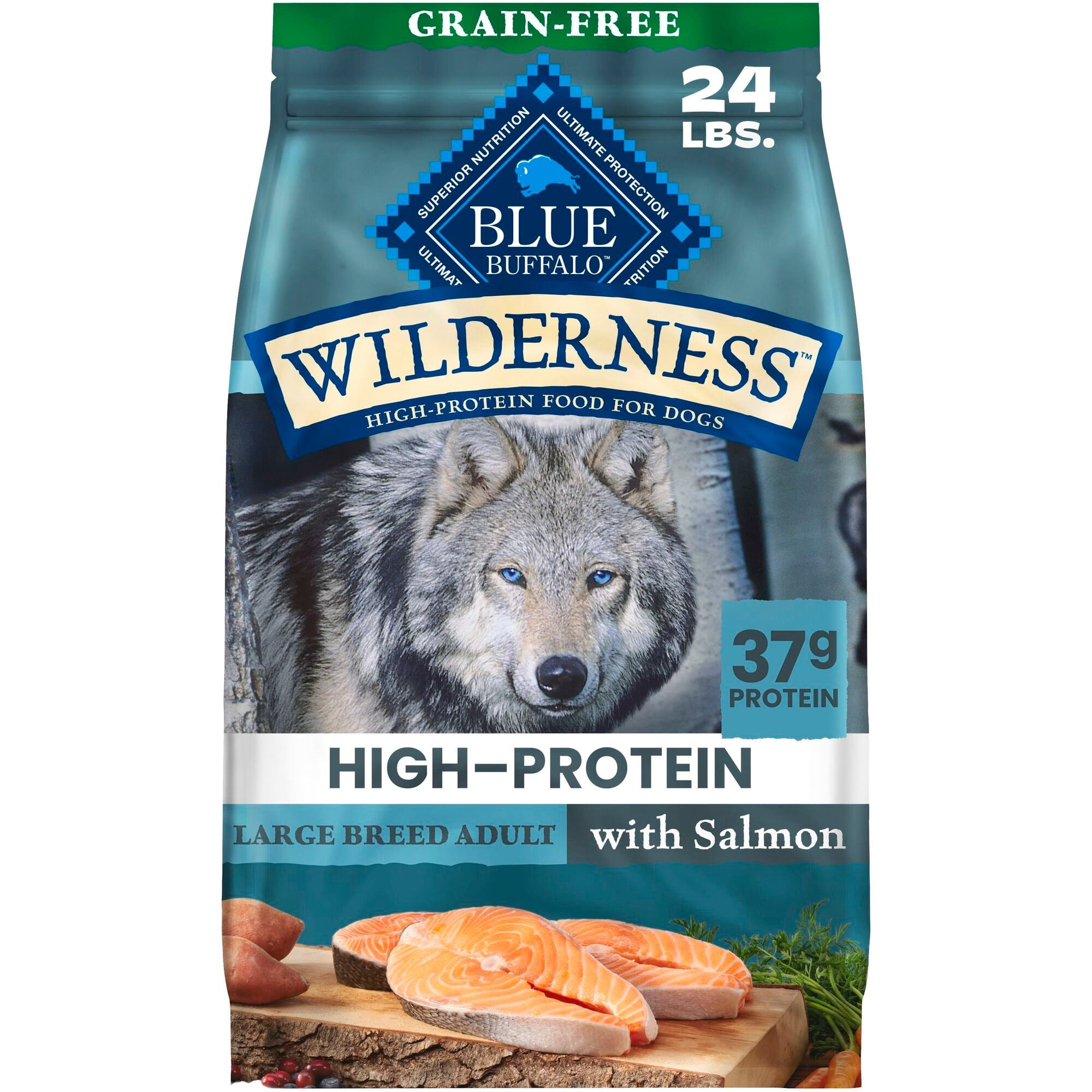 Blue Buffalo Wilderness for Large Breed Adult Dogs Grain-Free Formula with Salmon Natural 32% Protein Dry Food 24 lbs.