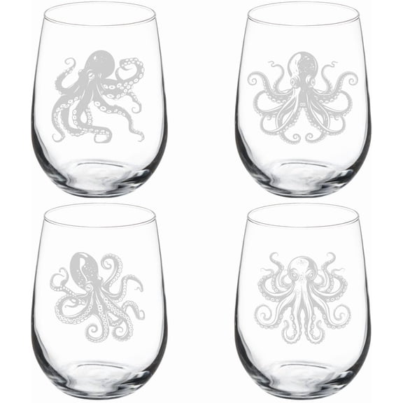 Set of 4 Wine Glass Gift Octopus Collection (17 oz Stemless)