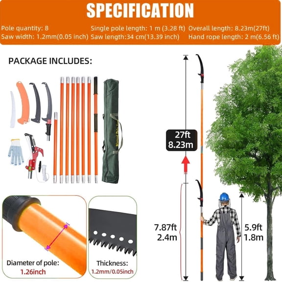 27FT Manual Pole Saw, Tree Branch Trimmer with 8-Section Fiberglass Handle, Sharp Steel Blade and Scissors, Lightweight Extendable Design for High Branch Trimming,Orange