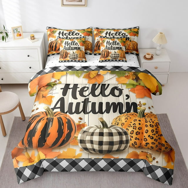 YST Ensemble de Lit 7 Pcs Automne Citrouille pour Lit Simple pour Enfants, Ensemble de Literie Porte de Grange Feuille d'Érable Rustique Ensemble de Couette d'Automne Action de Grâce avec Draps Garçons Filles Noir Gris à Carreaux Grilles Ensemble de Lit