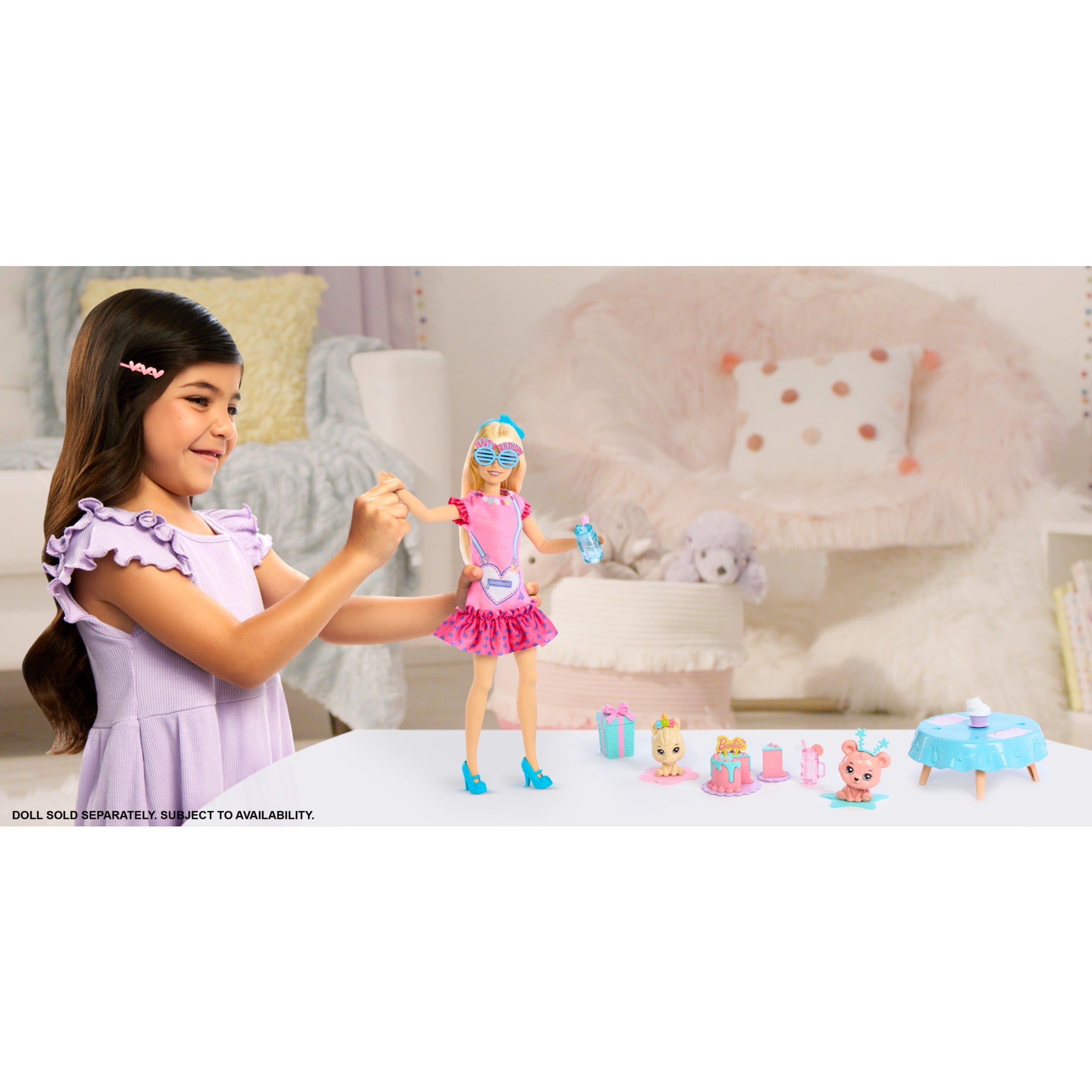 My First Barbie Birthday Accessories for Preschool Dolls, Accessory Pack with Pet Unicorn And Bear