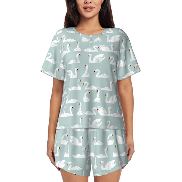 Balery White Swan Conjunto de Pijama para Mujer con Estampado, Dos Piezas de Manga Corta y Shorts, Ropa de Dormir Suave con Cuello Redondo y Bolsillos-Large