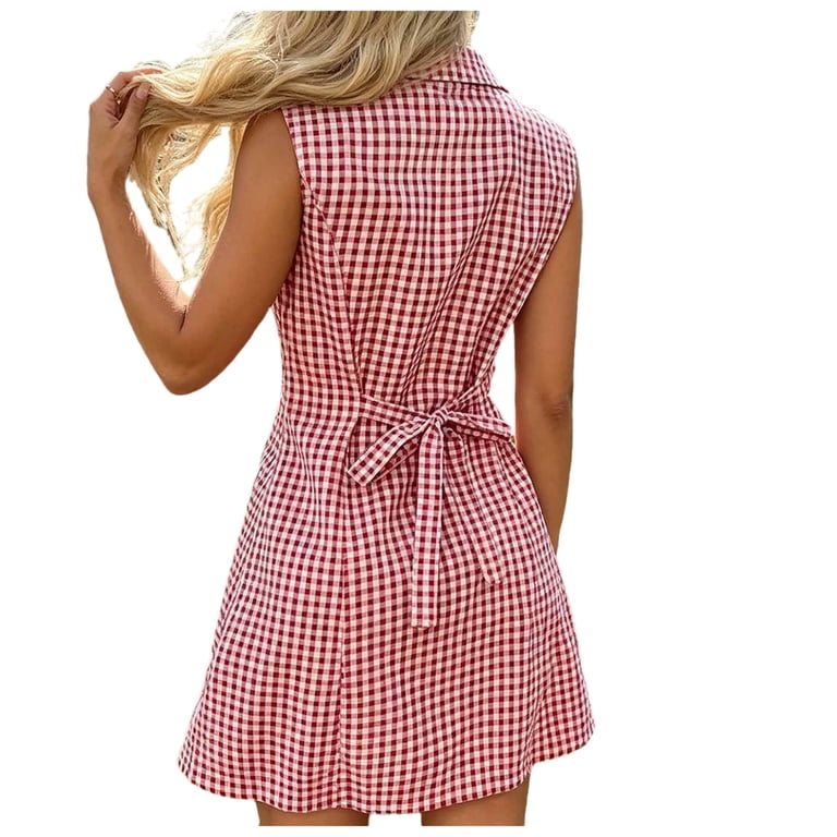 kala burgundy plaid button-front mini dress pockets real Women's Gingham Sleeveless Collared Button Front Tie Back Casual Dress with Red XS(XS) wedding dresses with sleeves