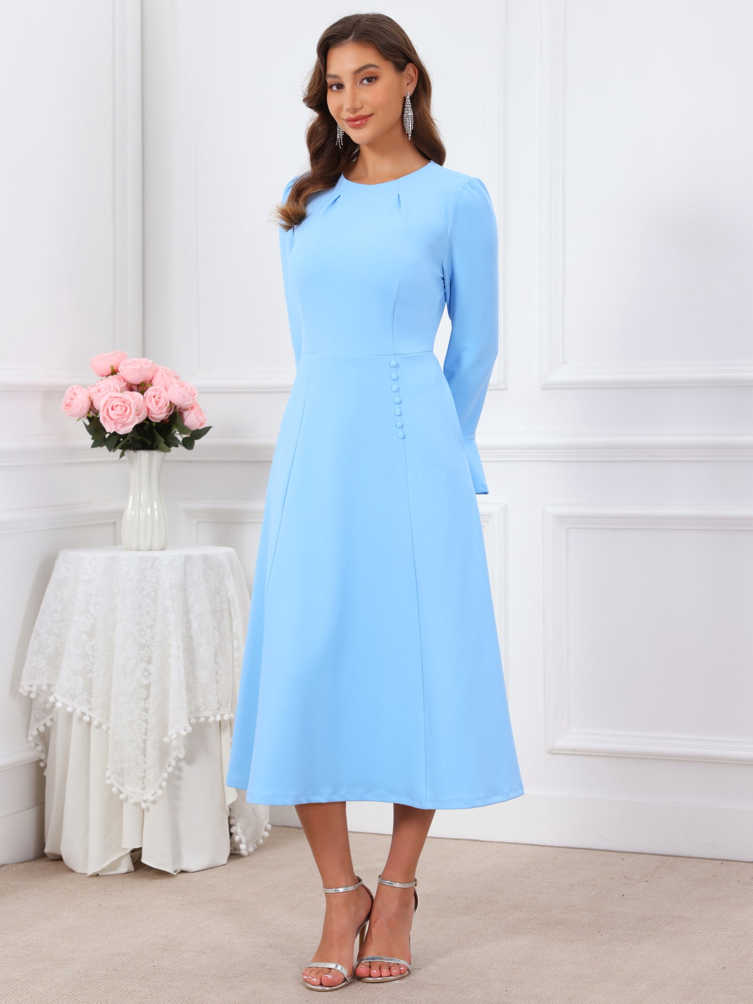 DARING DIVA Women's Formal Bell Sleeve Crewneck A-Line Pockets Dress L Sky Blue